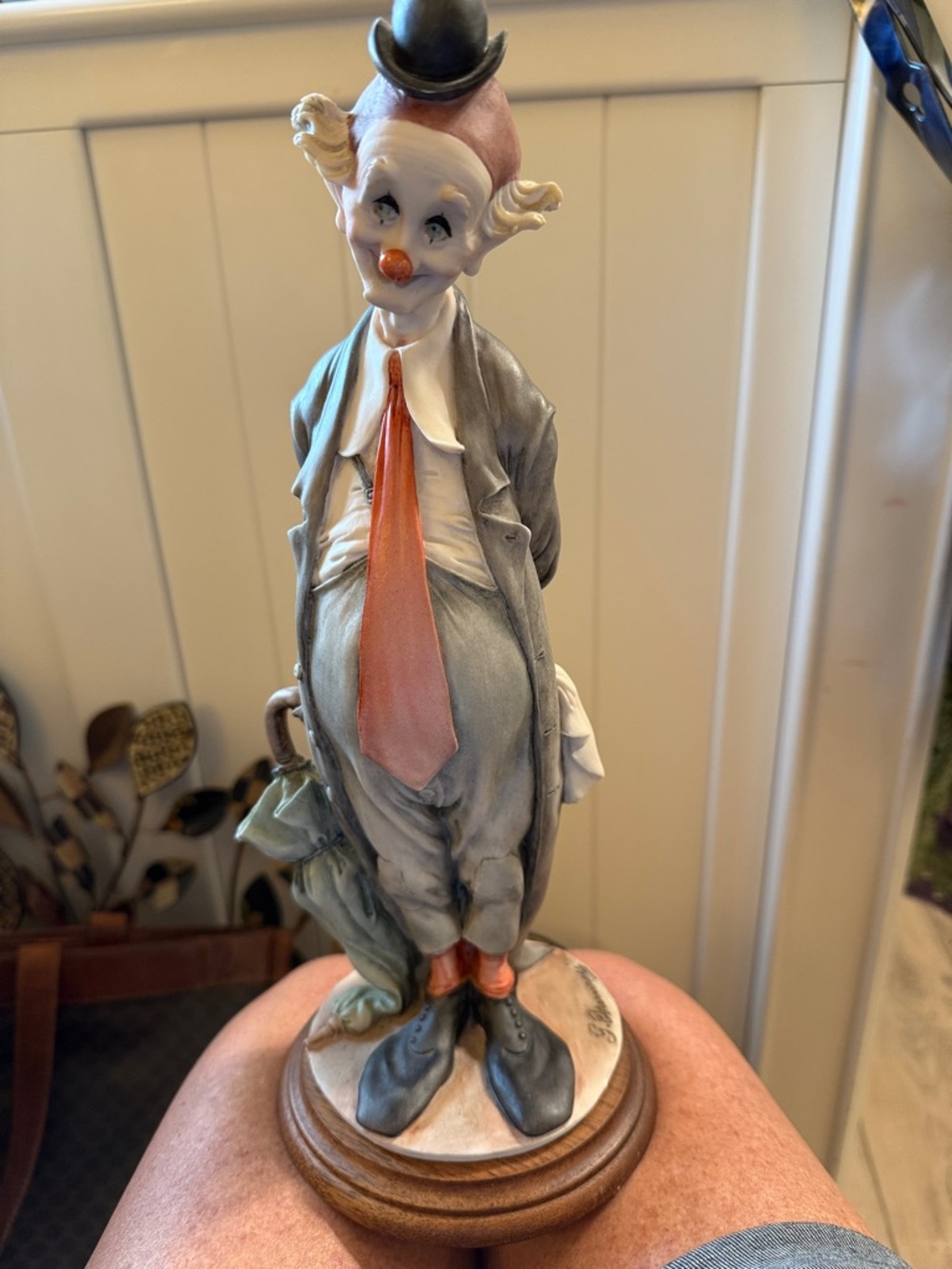 Signed Vintage Gray and Pink Clown Sculpture